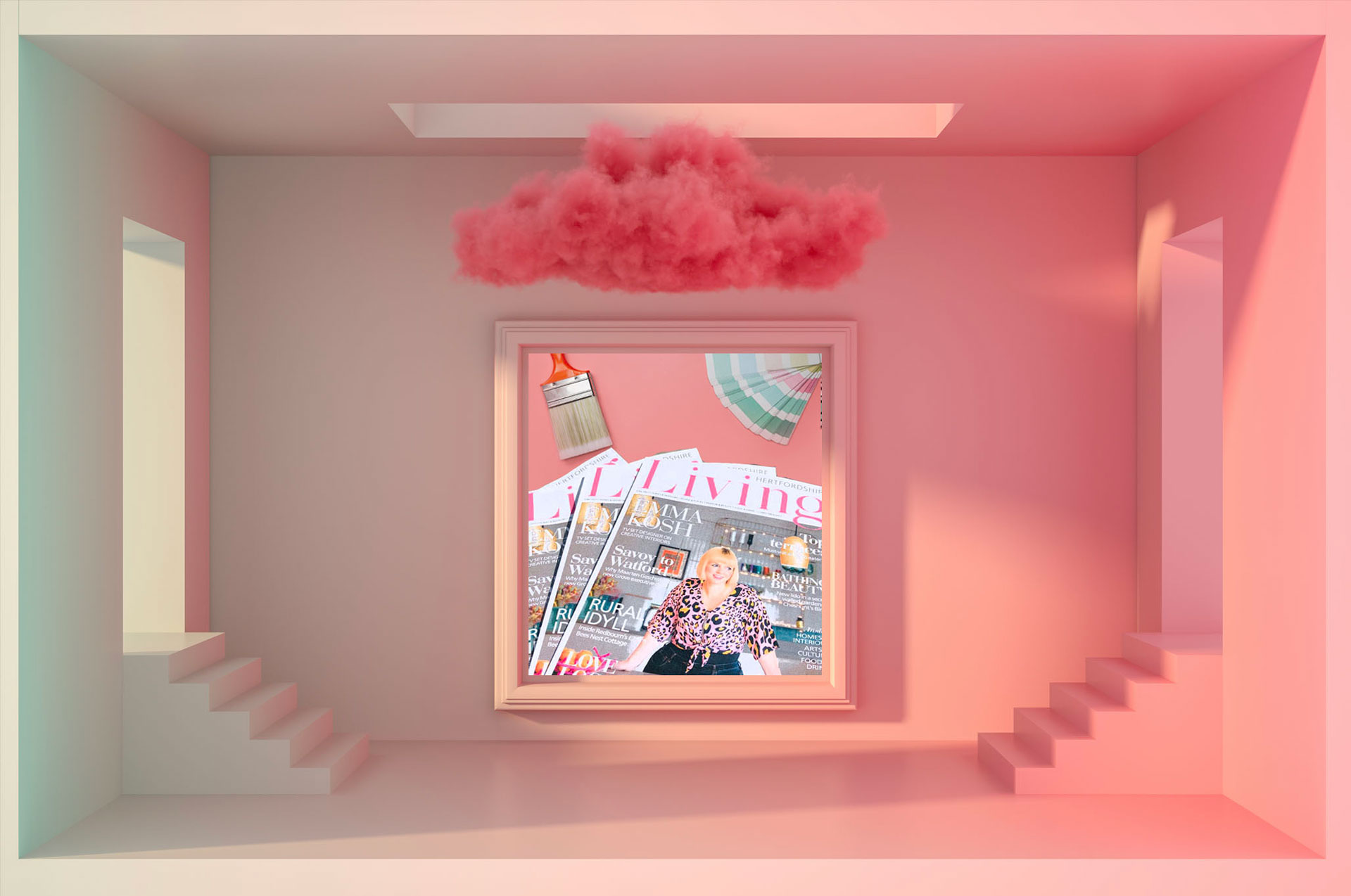Emma_Kosh_Hertfordshire_Living_in_picture_frame Emma Kosh in Hertfordshire Living Magazine in pink picture frame beneath a pink cloud